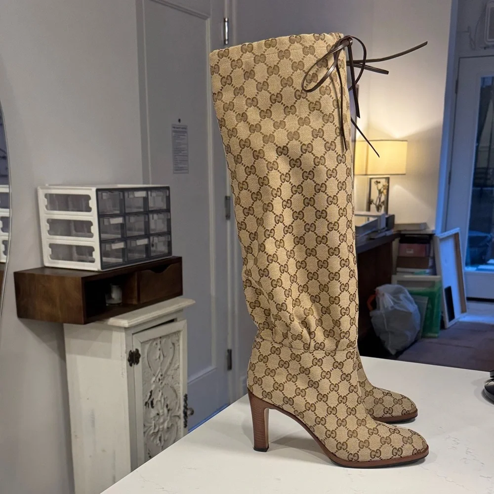 Gucci Beige GG Monogram Lace-Up Over-the-Knee Boots - Picture 2 of 6